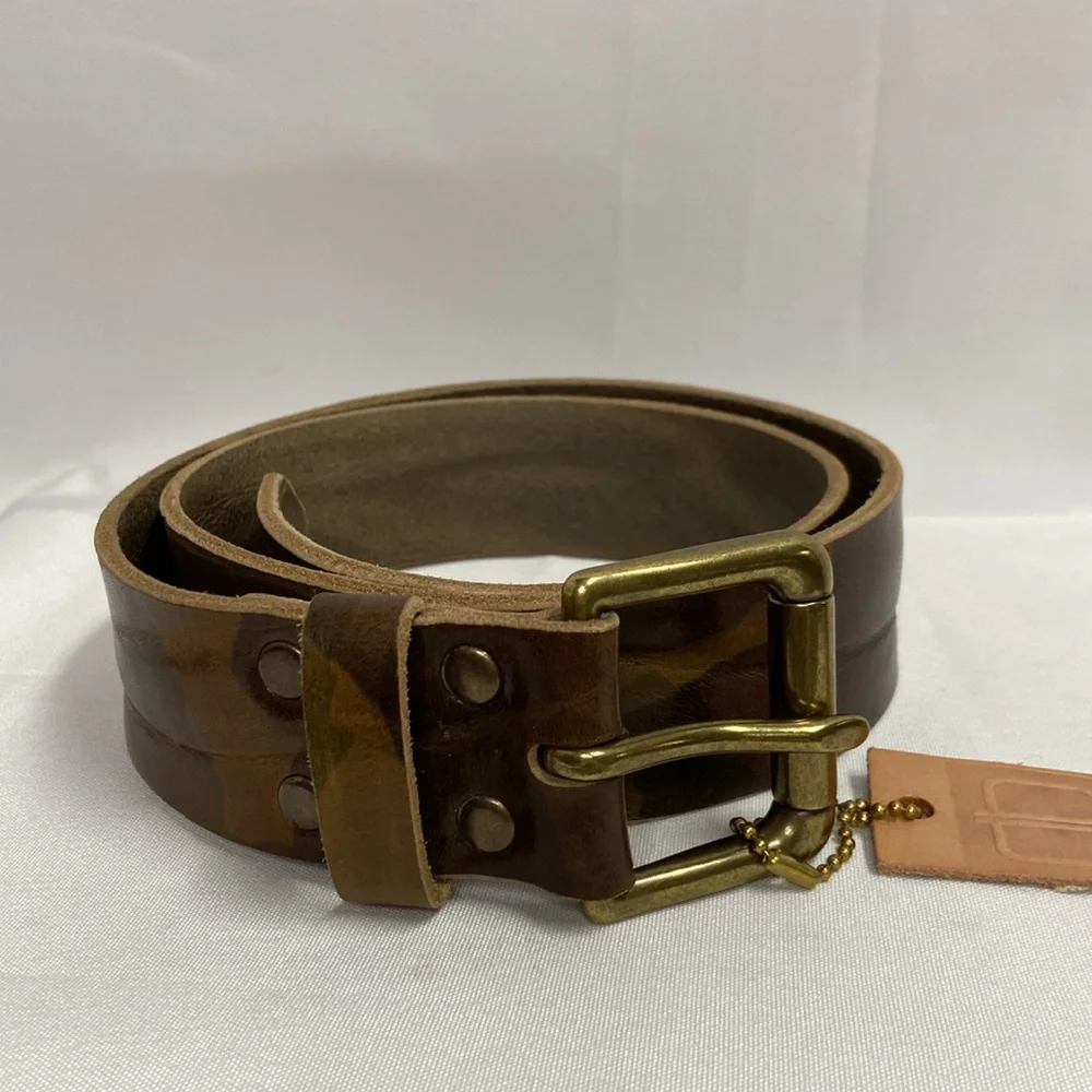 Brave Men's Camouflage Leather Belt with Brass Buckle NWT